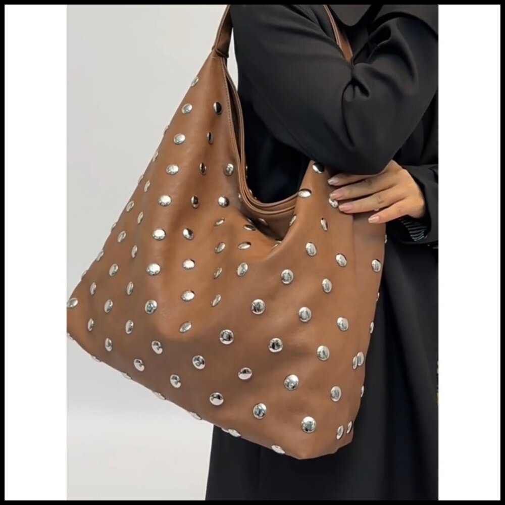 Studded Vegan Leather Hobo Bag Slouchy Shoulder Tote Y2K Punk Chic - Picture 7 of 7